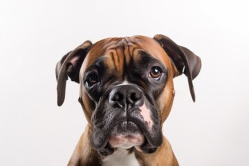 Close-up portrait photography of a funny boxer dog wearing a visor against a white background. With generative AI technology