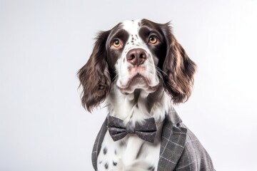 Lifestyle portrait photography of a happy english springer spaniel wearing a dapper suit against a white background. With generative AI technology