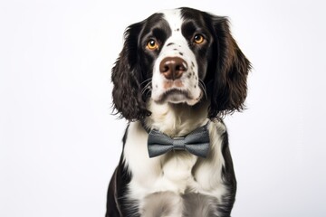Lifestyle portrait photography of a happy english springer spaniel wearing a dapper suit against a white background. With generative AI technology
