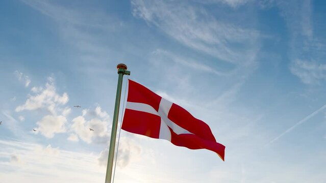 Flag of Denmark waving in the wind, sky and sun background. Denmark Flag Video. Realistic Animation, 4K UHD. 