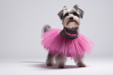 Medium shot portrait photography of a cute lowchen dog wearing a tutu skirt against a white background. With generative AI technology