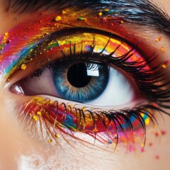 Beautiful female eye with abstract colorful make-up. Close up.