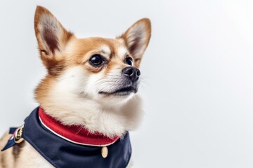 Close-up portrait photography of a cute norwegian lundehund wearing a sailor suit against a white background. With generative AI technology