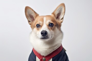 Close-up portrait photography of a cute norwegian lundehund wearing a sailor suit against a white background. With generative AI technology