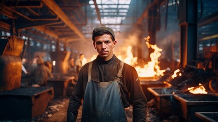 Fototapeta na wymiar Handsome blacksmith working in a fireplace.