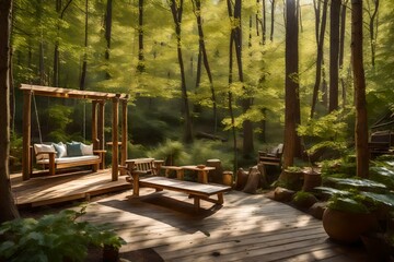 bench in the park ,Walkout deck with patio area and garden swing .