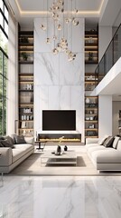 White Luxury Marble Living Room Interior Design - Opulent Living Space Showcasing Pure White Marble Elegance - Living Room in White Luxury Marble Background created with Generative AI Technology