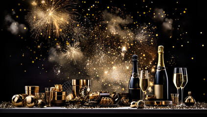 champagne with celebration ornaments on desk.beverage and anniversary or festival background.light gold luxury design
