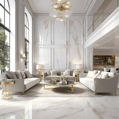 White Luxury Marble Living Room Interior Design - Opulent Living Space Showcasing Pure White Marble Elegance - Living Room in White Luxury Marble Background created with Generative AI Technology