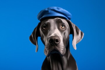 Close-up portrait photography of a cute great dane wearing a visor against a royal blue background. With generative AI technology
