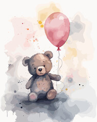 teddy bear holding a balloon, vector watercolor illustration