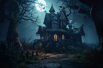 Fototapeta na wymiar Abandoned haunted house in the woods. Halloween concept