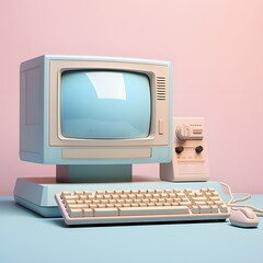 Vintage 80s monitor with computer keyboard and mouse in muted pastel pink and blue colors.