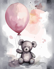 teddy bear holding a balloon, vector watercolor illustration