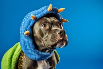 Headshot portrait photography of a cute staffordshire bull terrier wearing a dinosaur costume...