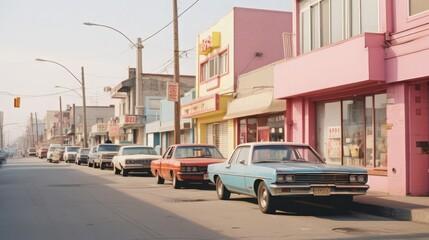 Street in the 80s with parked cars and soft pastel colors buildings