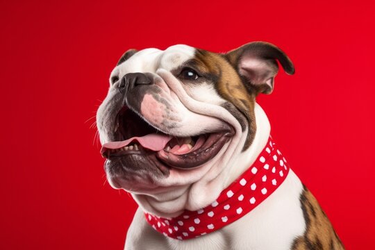 Medium shot portrait photography of a happy bulldog wearing a polka dot bandana against a red background. With generative AI technology