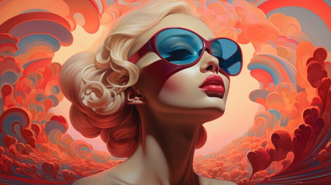 a painting of a woman with sunglasses on, digital art, pop surrealism, azure and red tones, retro futuristic illustration