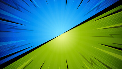 Flat versus comic style background. Before and after background template. Blue and green comic style background with lightning and halftone effect.