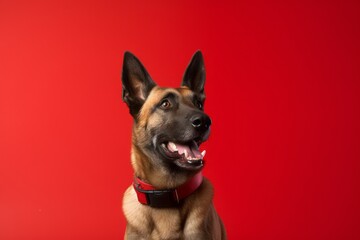 Photography in the style of pensive portraiture of a happy belgian malinois dog wearing a reflective vest against a red background. With generative AI technology