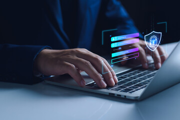 cyber security login. user privacy security and encryption, secure internet access Future technology and cybernetics, screen padlock, biotic login technology fingerprint scanning. privacy protection