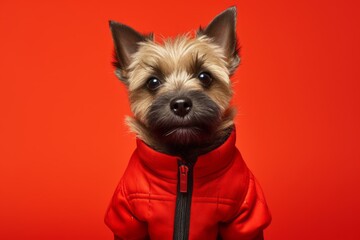 Lifestyle portrait photography of a cute cairn terrier wearing a therapeutic coat against a red background. With generative AI technology