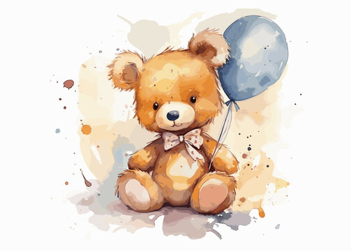 Teddy Bear Holding A Balloon, Vector Watercolor Illustration