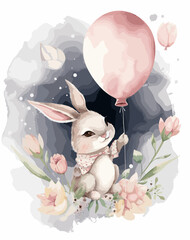 vector illustration of a cute rabbit with a balloon and flowers