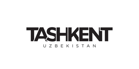 Tashkent in the Uzbekistan emblem. The design features a geometric style, vector illustration with bold typography in a modern font. The graphic slogan lettering.