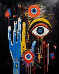 a painting of a hand with an eye on it, metaphysical painting, abstract maximalist painting, tribal art