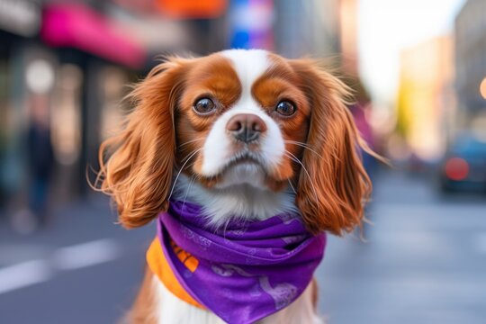 Close-up portrait photography of a funny cavalier king charles spaniel dog wearing a cooling bandana against a vibrant purple background. With generative AI technology