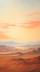 A painting of a desert with mountains in the background