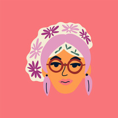 Portrait of woman with Hairband and chamomile. Avatar of European female character. Vector for postcards, posters, social network. Concept of mental health and psychology.