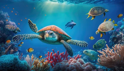 Poster turtle with Colorful tropical fish and animal sea life in the coral reef, animals of the underwater sea world, Generative AI © khwanchai