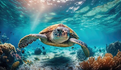 Obraz premium turtle with Colorful tropical fish and animal sea life in the coral reef, animals of the underwater sea world, Generative AI