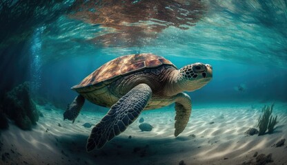 turtle with Colorful tropical fish and animal sea life in the coral reef, animals of the underwater sea world, Generative AI