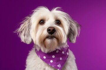 Naklejka na ściany i meble Close-up portrait photography of a cute havanese dog wearing a polka dot bandana against a vibrant purple background. With generative AI technology