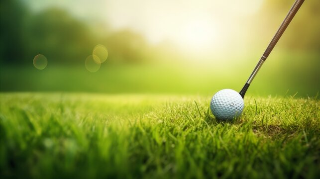 A golf club and a golf ball resting in the lush green grass.