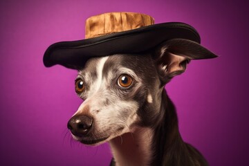 Photography in the style of pensive portraiture of a smiling italian greyhound dog wearing a pirate hat against a vibrant purple background. With generative AI technology