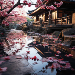  A tranquil Japanese garden with cherry blossoms 
