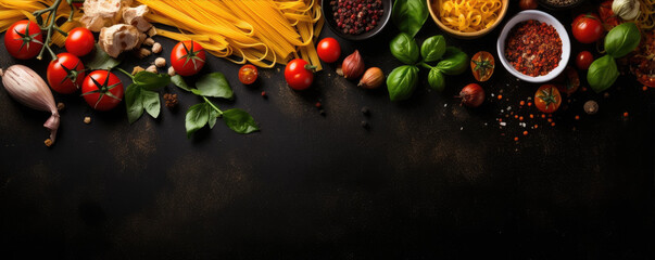 Italian food background on black stone board. Pasta, fresh tomatoes, basil, garlic, spices. Top...