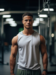 Muscular young man in gym showing muscles, fitness model trains in the gym