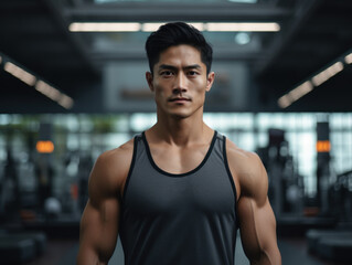 Fototapeta premium Muscular asian young man in gym showing muscles, fitness model trains in the gym