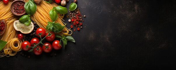 Obraz na płótnie Canvas Traditional Italian food, raw spaghetti, tomato, basil, garlic. Copy space for text, Dark background