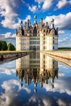 castle standing on top of a reservoir, baroque, grandiose structure