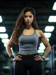 Fototapeta na wymiar Muscular asian young woman in gym showing muscles, fitness model trains in the gym