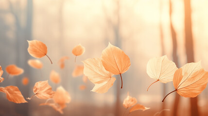 falling autumn leaves and branches nature in light translucent soft color pastel tinting on a sunny day