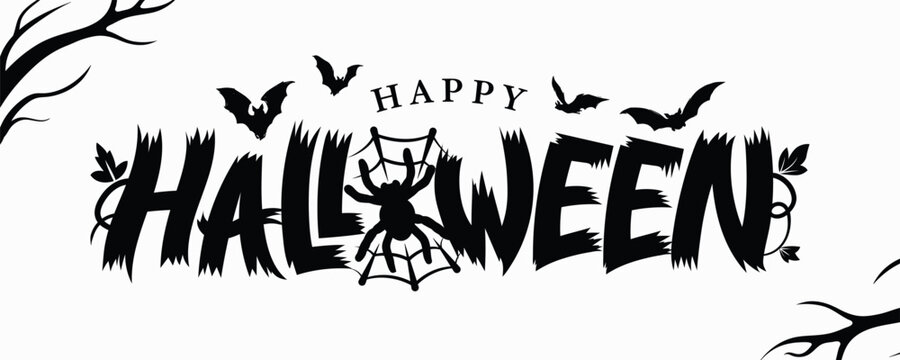 Happy Halloween text banner with big spider, spiderweb and bats. Halloween handwritten calligraphy in scary style. Black inscription isolated on white. Element for holiday design. Vector illustration