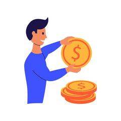 Man holding golden coin cartoon faracter. Finances management flat illustration