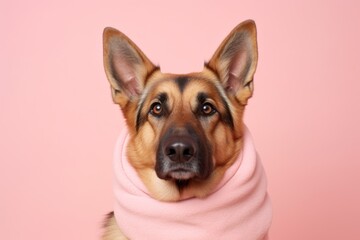 Fototapeta premium Medium shot portrait photography of a cute german shepherd wearing a snood against a pastel pink background. With generative AI technology